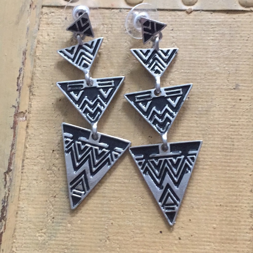 Boho Statement Earrings Silver Black Statement Tr… - image 1